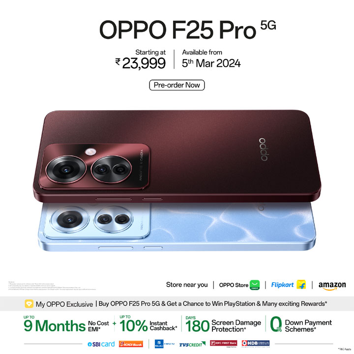 OPPO Launches F25 Pro: Slimmest IP65 rated 5G smartphone with 4K Recording on both Front & Back cameras