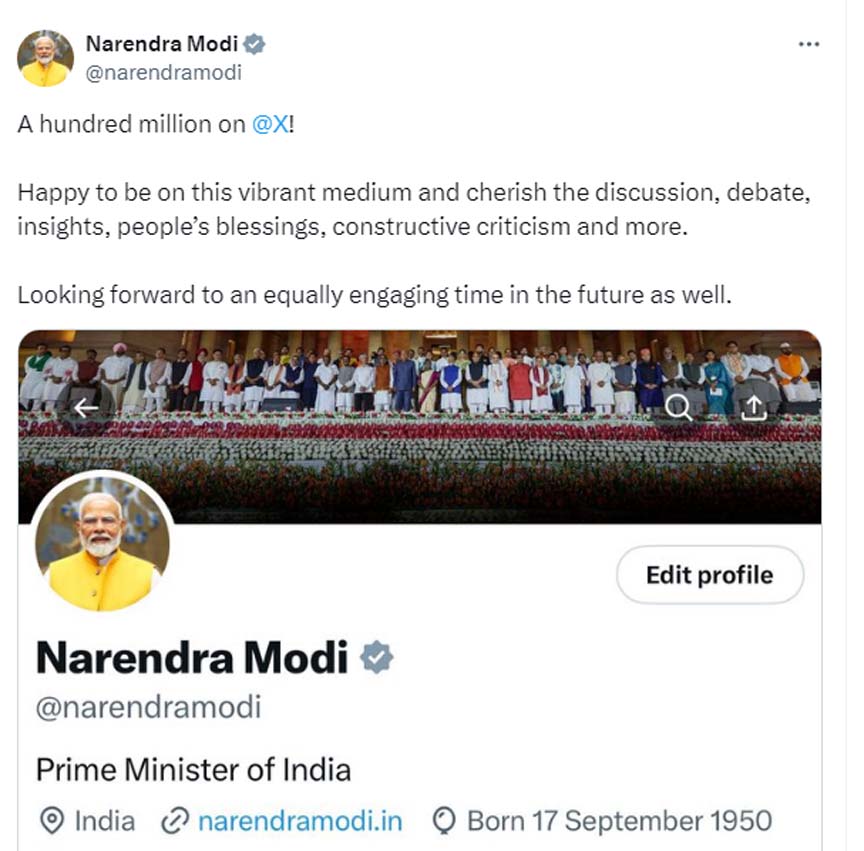 PM Modi crosses 100 million followers on social media platform X